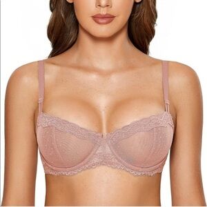 🆕 Sexy Lace Bra Underwire Balconette Unlined Demi Sheer Plus Size